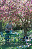 Seating group under the crab apple tree 'Paul Hauber', woman covers the table, boy sits and reads, dog Zula
