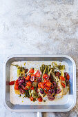 Barbecued fennel with olives and tomatoes