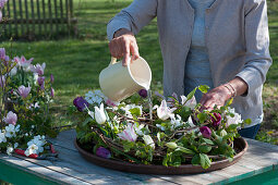 Wreath with tulips, wheel spars, tendrils and twigs, woman pours water into the coaster