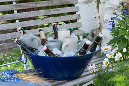 Beer mugs and beer bottles chilled in bowl with ice cubes