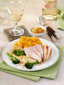 Chicken fillet with mashed sweet potatoes, broccoli and cauliflower