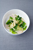Scallop and lime tataki with root parsley and mint oil