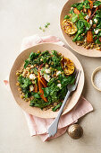 Vegetarian lunch, lentil salad with honey-roasted carrots, kale and goat cheese