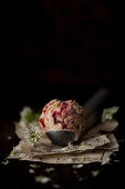Raspberry ripple ice cream on an old fashioned scoop