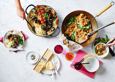 Apulian-style baked rice with potatoes and mussels, Thai spicy chilli and basil fried rice