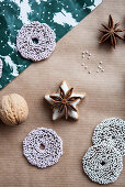 Cinnamon star biscuit with star anise, sugar ring biscuits and walnut