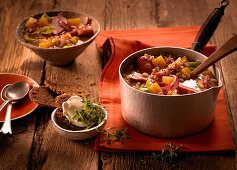Barley stew with turnips and Mettenden (smoked pork sausages)