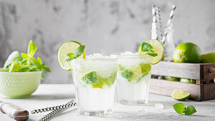 Mojito cocktails with mint leaves and lime slices