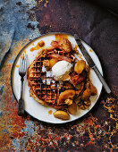 Brioche waffles with bacon, apple and walnut butter