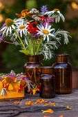 Late-summer bouquet of ox-eye daisies, echinacea, helenium, purple loosestrife, oregano, wormwood and verbena