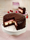 Chocolate cake filled with raspberry cream and mini profiteroles