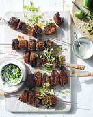 Beef skewers with cucumber and shallot yoghurt