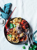 Lobster spaghetti with blistered tomato and basil