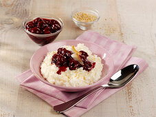 Coconut rice pudding with morello cherries