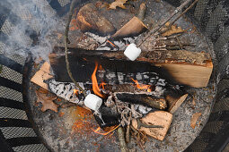 Feuerstelle mit gegrillten Marshmallows auf Holzstöcken