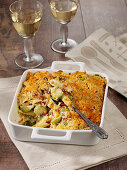 Pasta bake with Brussels sprouts, bacon and a crust of crumbs