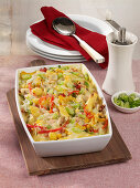 Schupfnoodle casserole with ham, mushrooms, corn and bell pepper