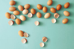 Ganze braune Eier und Eierschalen auf türkisfarbenem Untergrund