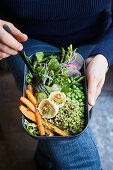 Buckwheat bowl with vegetables and roasted goat's cheese