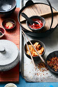 Kimchi, chilli flakes and dips (Korea)