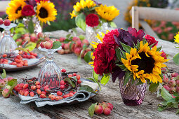 Herbstliche Tischdeko mit Zieräpfeln, Sonnenblumen und Rosen