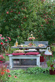 Set table with étagère with apples and ornamental apples as table decorations, bottle with apple juice, plates and glasses, basket with apples