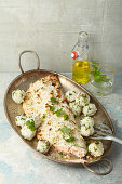 Baked coconut salmon with rice balls