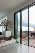 View from split-level living room onto roof terrace