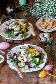 Easter salad with beetroot, chicken and quail eggs