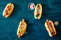 Vier Hot Dogs (Queensland Snag, Dodger Dog, argentinischer Choripan, japanischer Hot Dog)