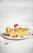 Vanilla cake with raspberry rosewater cheesecake topping