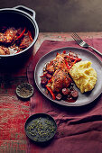 Chicken with chorizo, peppers and saffron mash