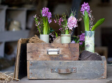 Sträuße aus Hyazinthen, Waxflower und Ginster an Schubladen mit Schnur-Knäueln