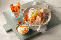 Char kinilaw with kumquat mayonnaise, spring onions and sweet potato crisps