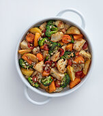 Sweet-and-sour oven-roasted vegetables in a baking dish