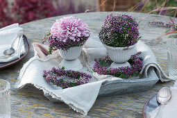 Chrysanthemenblüte und Heidekugel in Kränzchen aus Knospenheide als Tischdekoration auf Holztablett