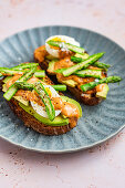 Avo Slices on Toast with Boiled Eggs, Steamed Asparagus and Harissa Mayo