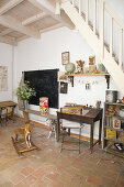 An old desk, school desk, blackboard, and nostalgic deco