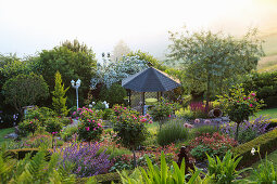 Sloping garden with pavilion and bed with rose stems, bordered with box hedge