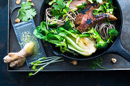 Asian noodle stir fry with grilled duck breast and soba noodles