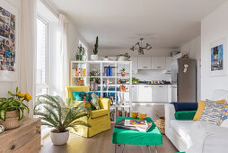 Upright fridge with armchair and sofa in open plan apartment