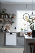 Kitchen in shades of grey decorated for Christmas