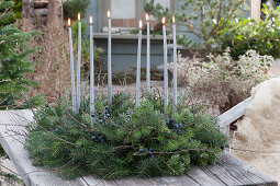 Advent wreath made of fir branches and sloe with berries, silver candles