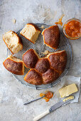 Japanese milk bread rolls with butter and apricot jam
