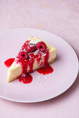 American baked cheesecake with, raspberries and white chocolate shaving