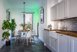 Dining table in an eat-in kitchen with grey kitchen counter and house plants