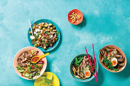 Quick Ramen with Two-Minute Hoodles, Spicy Beef and Potato Hash, Asian Beef and Brussels Sprout Salad