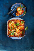 One-pot pasta casserole with antipasti vegetables and feta