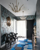 Maximalist foyer with mixture of patterns in shades of blue