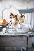 Chocolate sundaes with pear and Christmas pudding